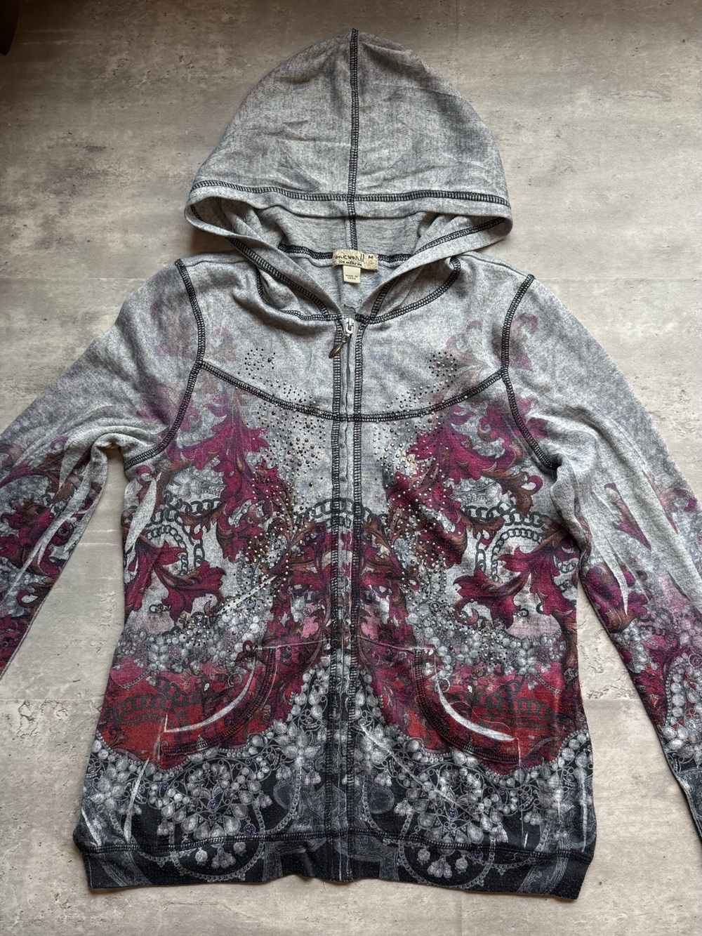 ONE WORLD Gray Zip Hoodie with Burgundy Ornamental Print